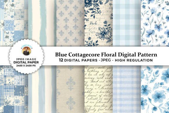Blue Cottagecore Floral Digital Patterns for Creative Projects