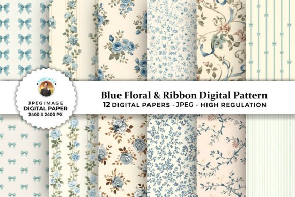 Blue Floral Ribbon Digital Patterns for Creative Projects