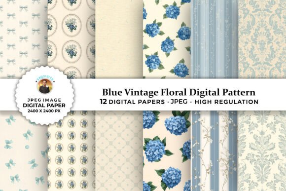 Blue Vintage Floral Digital Patterns for Creative Projects