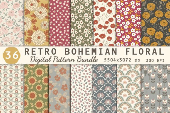 Retro Bohemian Floral Digital Patterns for Creative Projects
